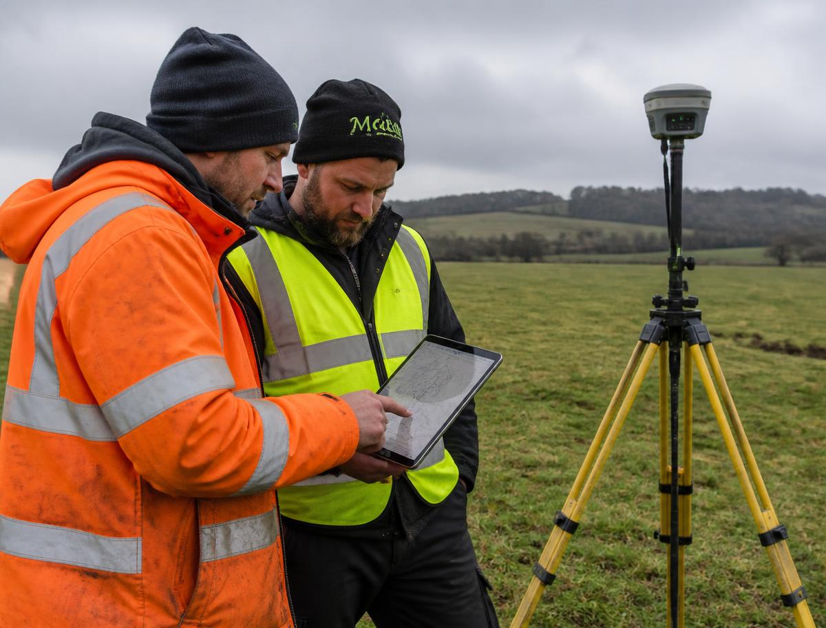 Equipe conferindo dados de georreferenciamento com receptor GNSS em campo